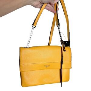 NEW T Tahari marigold yellow pebbled genuine leather chain flap crossbody bag